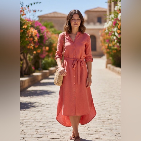 LOFT Dresses & Skirts - Loft Linen Blend Button Front Long Sleeve Tie Maxi Shirt Dress Coral‎ Size S